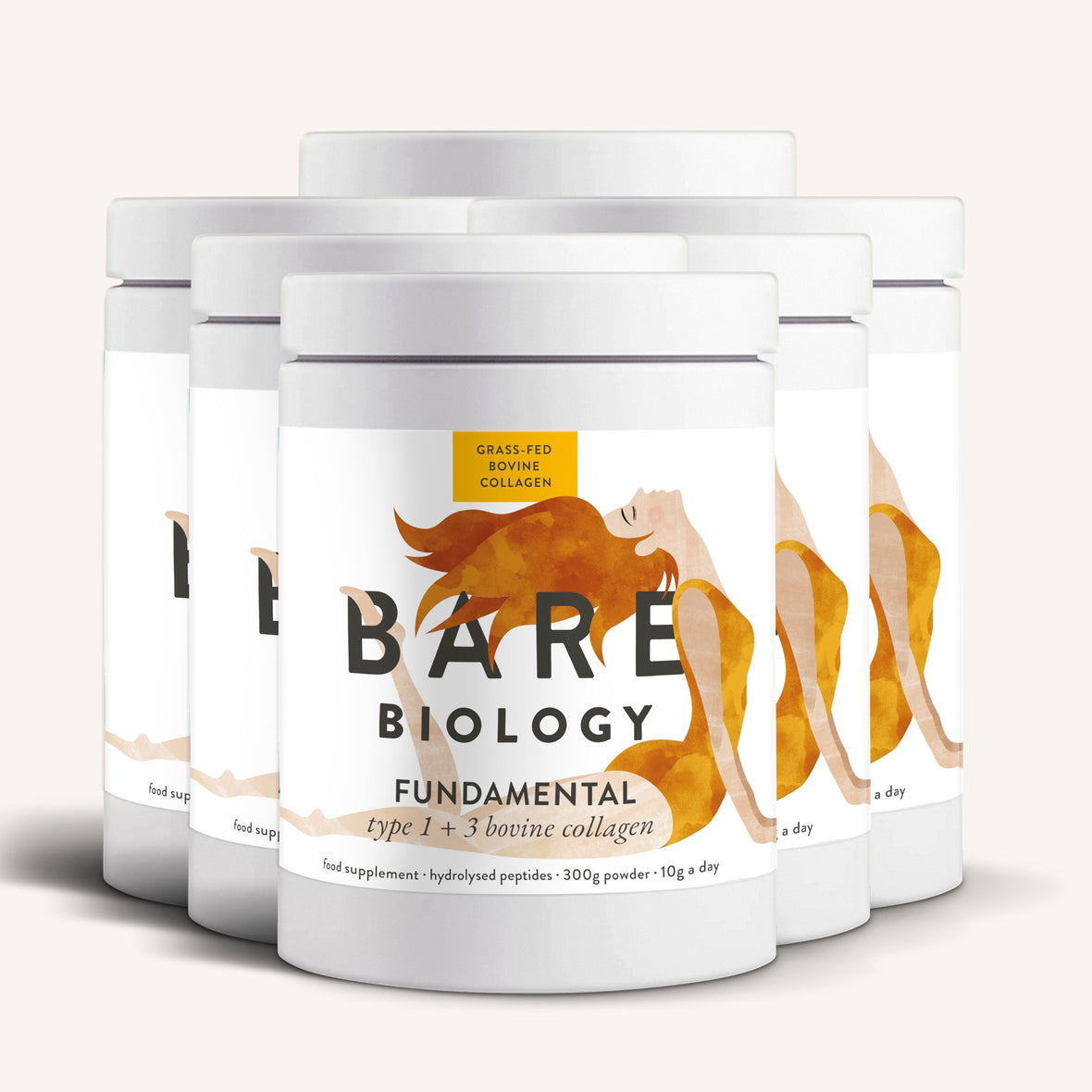Six containers of Bare Biology Pure Bovine Collagen Powder, made from grass-fed cattle, with minimalist white labels featuring an abstract orange stretching figure.