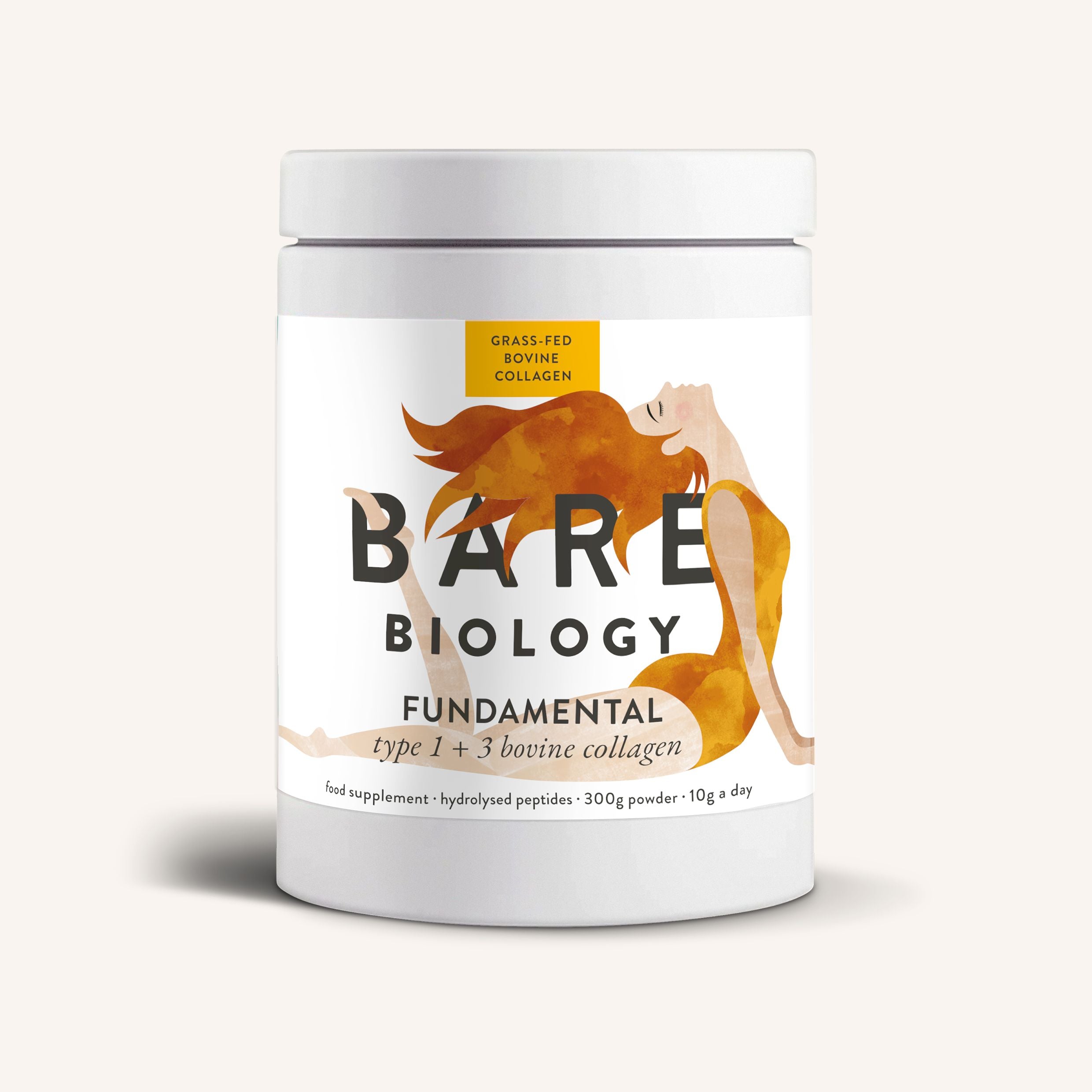 A white container of Bare Biology Pure Bovine Collagen Powder, featuring an illustration of a woman with flowing hair and a yellow label indicating hydrolysed peptides from grass-fed cattle.