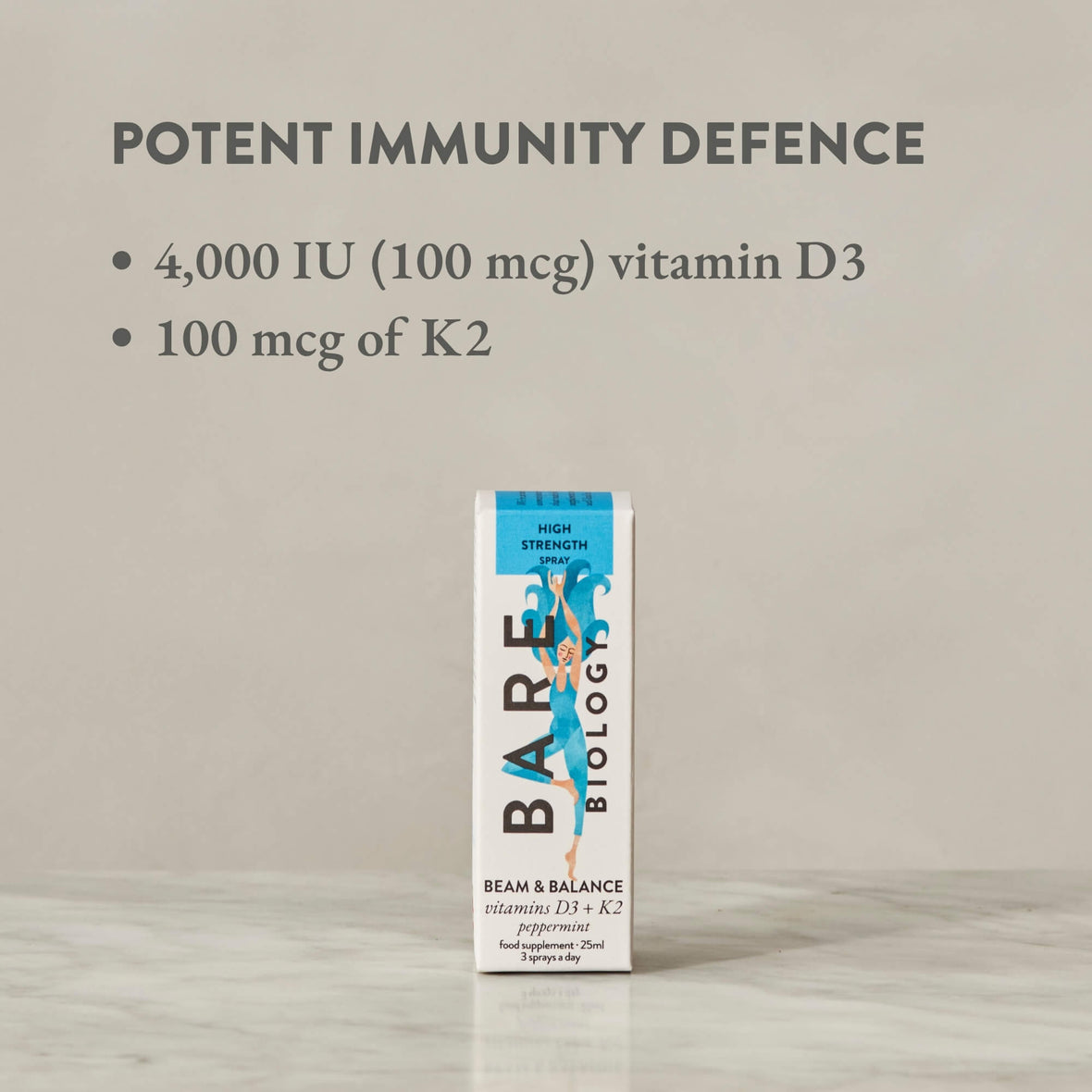 Bare Biology's vitamin D spray displayed against a neutral background with a dosage message: 4000IU (100mG) Vitamin D3 and 100mg of K2.