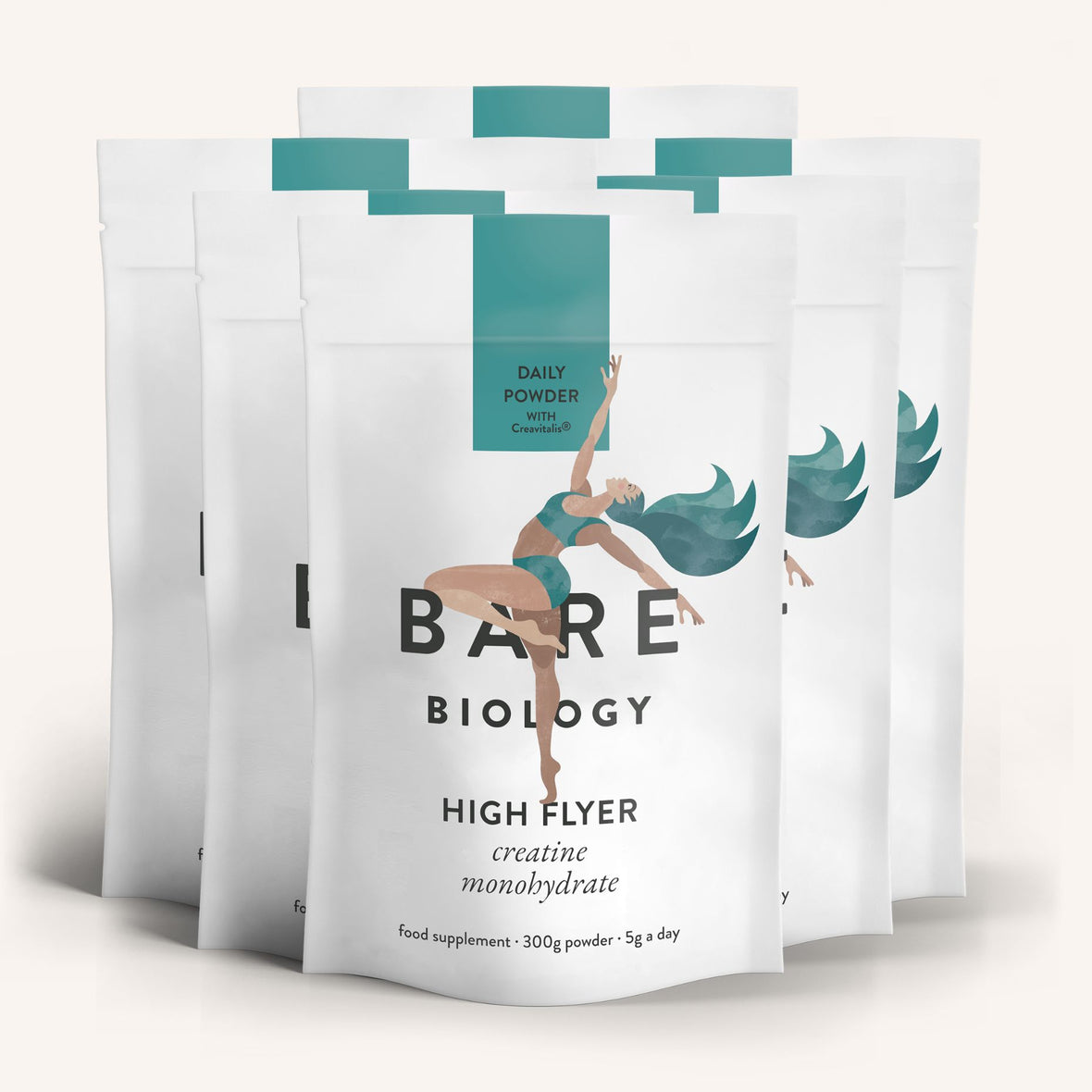 Six Bare Biology High Flyer supplement pouches on a white background
