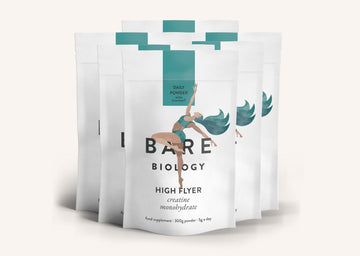 Bare Biology High Flyer supplement packages on a beige background