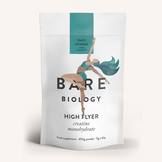 Bare Biology High Flyer Creatine monohydrate supplement packaging on a beige background.