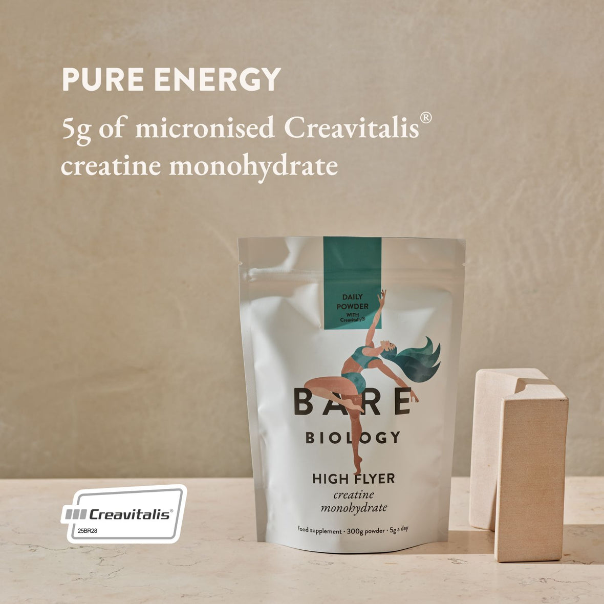 Bare Biology High Flyer creatine monohydrate powder packaging on a neutral background