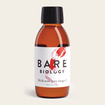 A 150ml brown glass bottle with a black cap labeled Bare Biology Pure Omega-3 Liquid Fish Oil features a vibrant pink and red abstract design, symbolizing vitality.