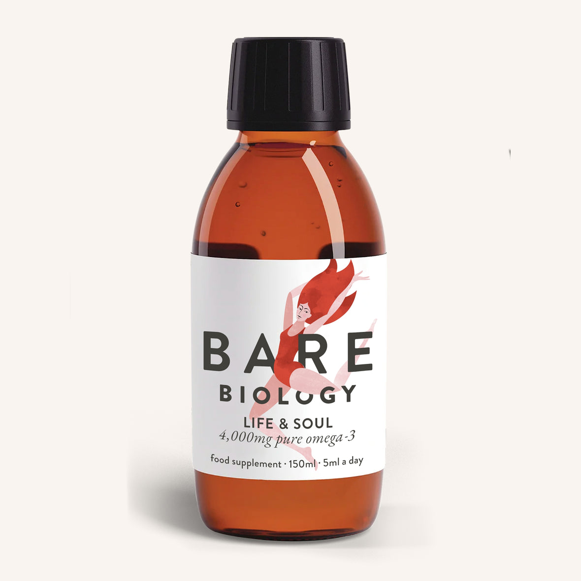 A 150ml amber glass bottle of Bare Biology Life & Soul food supplement with a black cap and white label, shown on a light beige background.