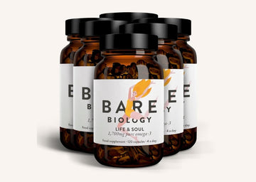 Bare Biology omega-3 mini supplement bottles on a white background