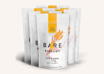 Bare Biology Life & Soul omega-3 mini supplement pouches on a white background