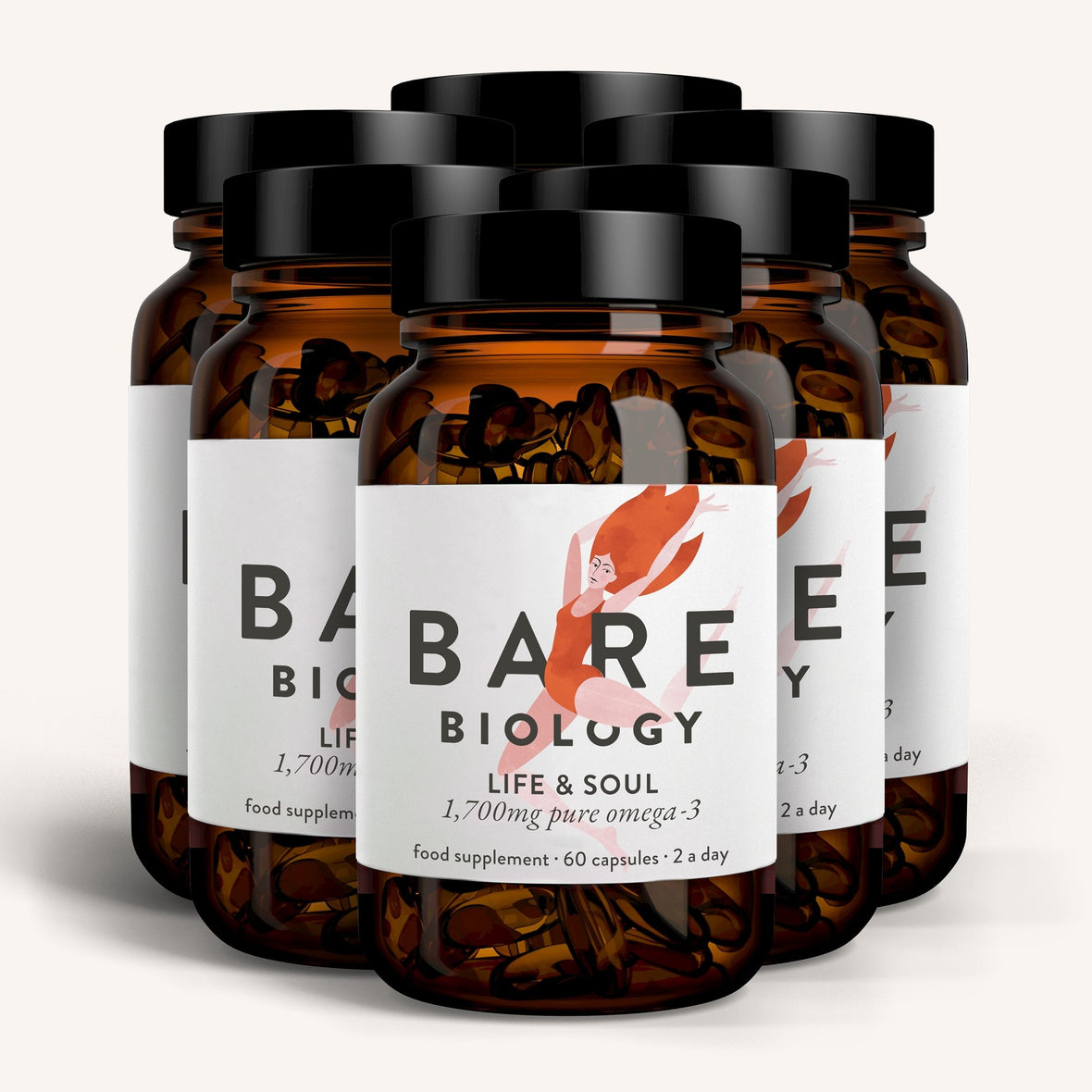 Multiple jars of Bare Biology Omega-3 fish oil supplement with a colourful illustration design on the label