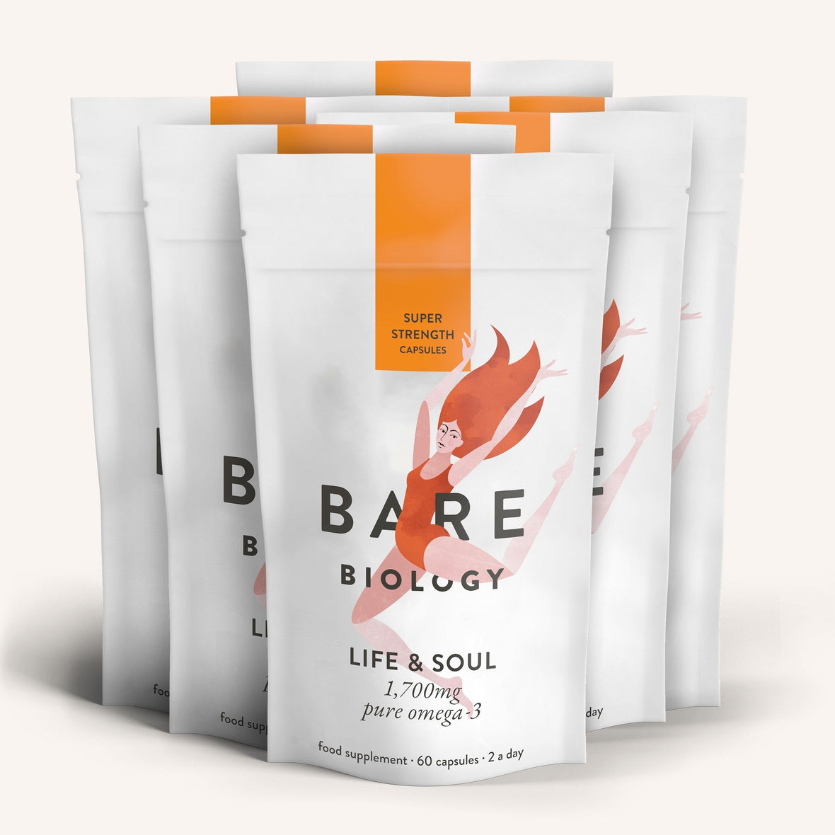 Multiple packages of Bare Biology Life & Soul omega-3 supplements on a white background