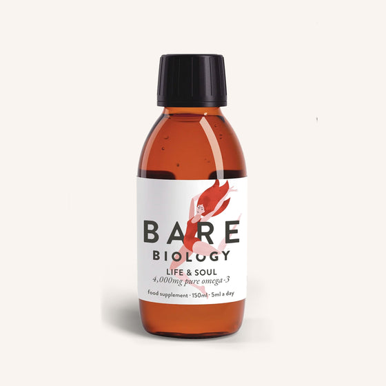 Bottle of Bare Biology supplement on a white background