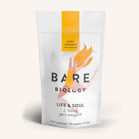 Bare Biology life and soul mini omega-3 fish oil supplement pouch with a colourful illustration on the front of the packaging