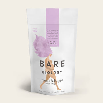 A pouch of Bare Biologys Mums & Bumps Omega-3 Fish Oil Capsules for Pregnancy, featuring a purple-haired pregnant figure, offers 30 DHA-rich capsules. Take one per day, and enjoy the fact that theyre 100% fish gelatin-free.
