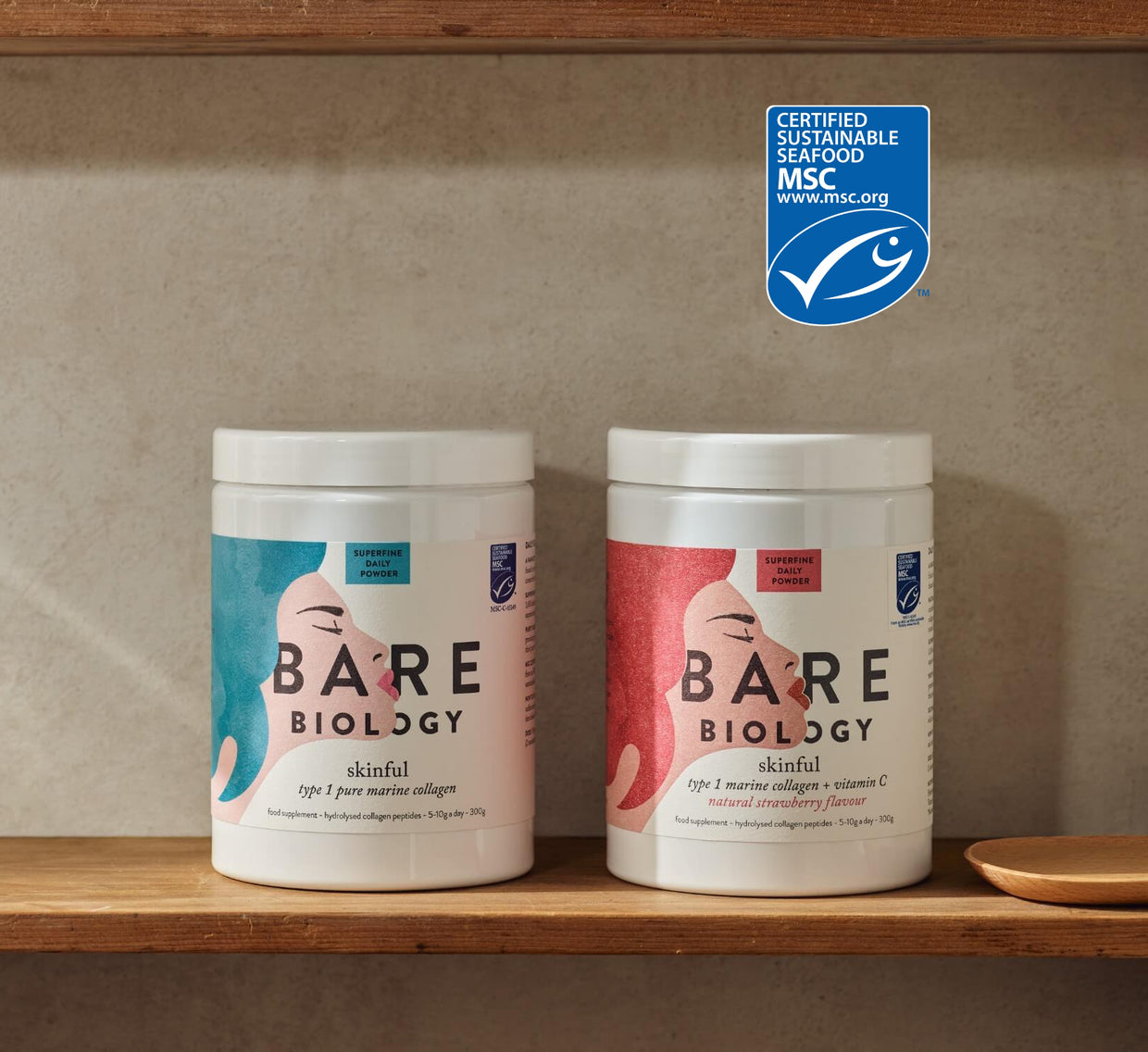 Two containers of Bare Biology skincare products on a wooden shelf with a neutral background. MSC logo is displaying in the top right.