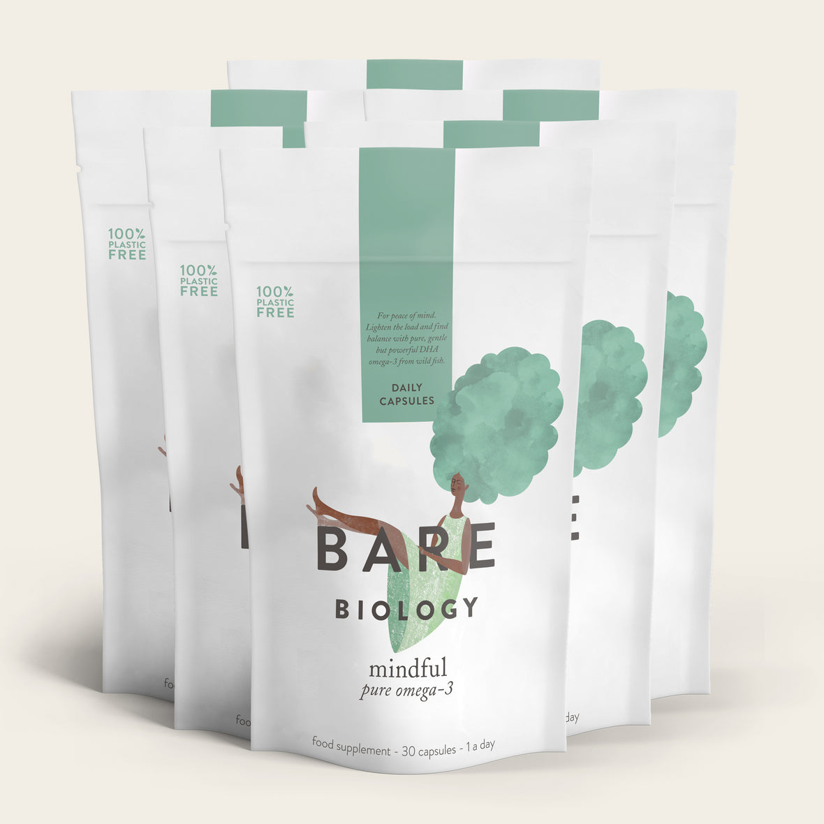 White pouches with green tops, labeled Bare Biology Pure DHA Omega-3 Capsules, feature a tree and person illustration. Each pack emphasizes mindful living, is marked 100% Plastic Free, and contains 30 daily capsules rich in DHA.
