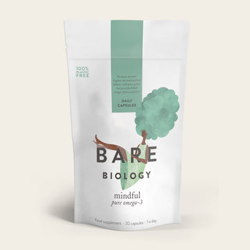 Bare Biologys Pure DHA Omega-3 Capsules have minimalist packaging with an illustration of a woman with tree-like hair, symbolizing mindfulness. The pack contains 30 capsules and is made from 100% plastic-free materials.