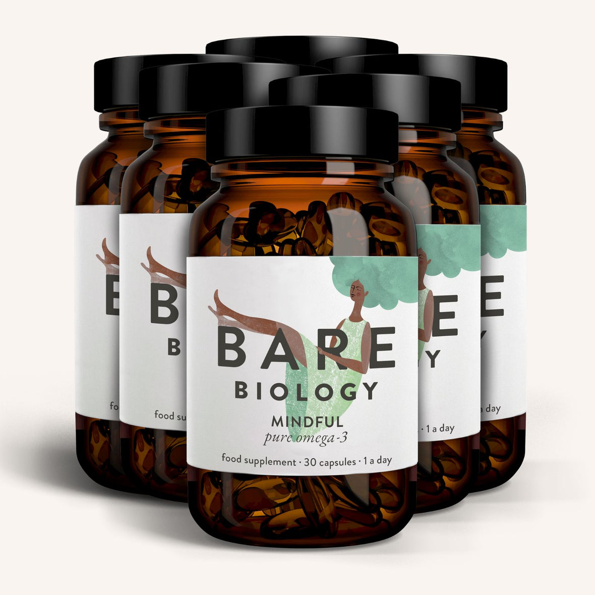 Six brown bottles with black caps display a label featuring a green tree and a red silhouette of a person. The text reads Bare Biology, promoting the Pure DHA Omega-3 Capsules, which serve as a mindful supplement with 30 daily doses packed with essential omega-3s.