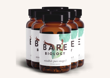 Bottle of Bare Biology mindful: pure omega-3 supplement on a white background