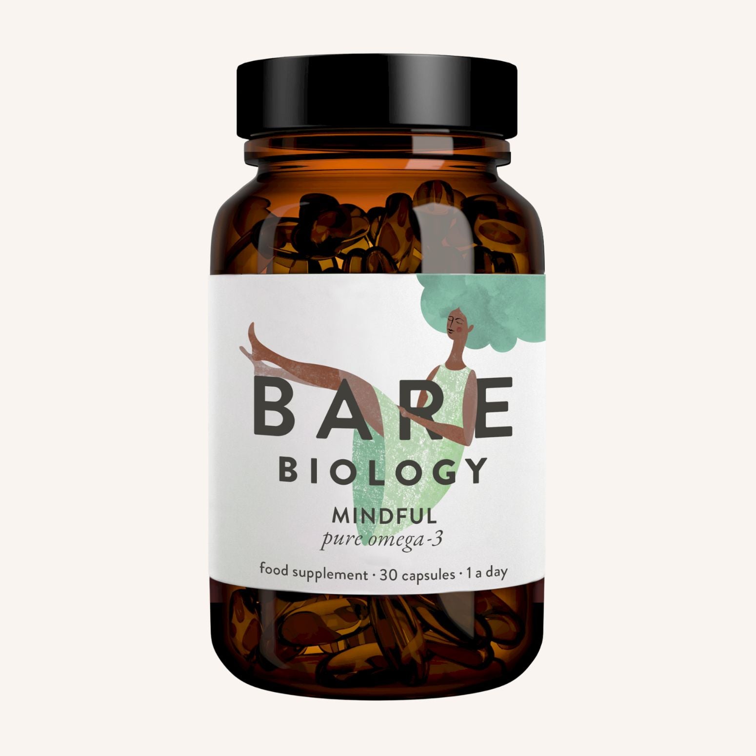 A brown Bare Biology glass jar holds Pure DHA Omega-3 Capsules. Its label depicts a person in a green outfit with a large hairstyle on a light background, emphasizing the supplements purity.