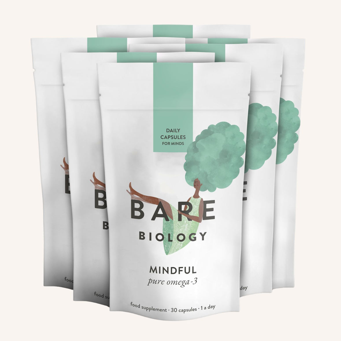 White pouches labeled Bare Biology Pure DHA Omega-3 Capsules, feature a tree and person illustration. Each pack emphasises mindful living, is marked 100% Plastic Free, and contains 30 daily capsules rich in DHA.