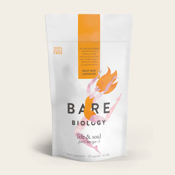 The Life & Soul Omega-3 Fish Oil Mini Capsules by Bare Biology comes in a white package with orange highlights and an illustration of a swimming woman. It includes 120 capsules rich in EPA and DHA, and is labeled as 100% plastic-free.