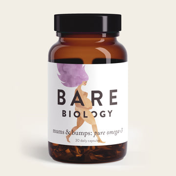 Bare Biologys Mums & Bumps Omega-3 Fish Oil Capsules For Pregnancy offers DHA-rich nutrition for developing babies, featuring a label illustration of a purple-haired woman. The bottle includes 30 daily capsules.