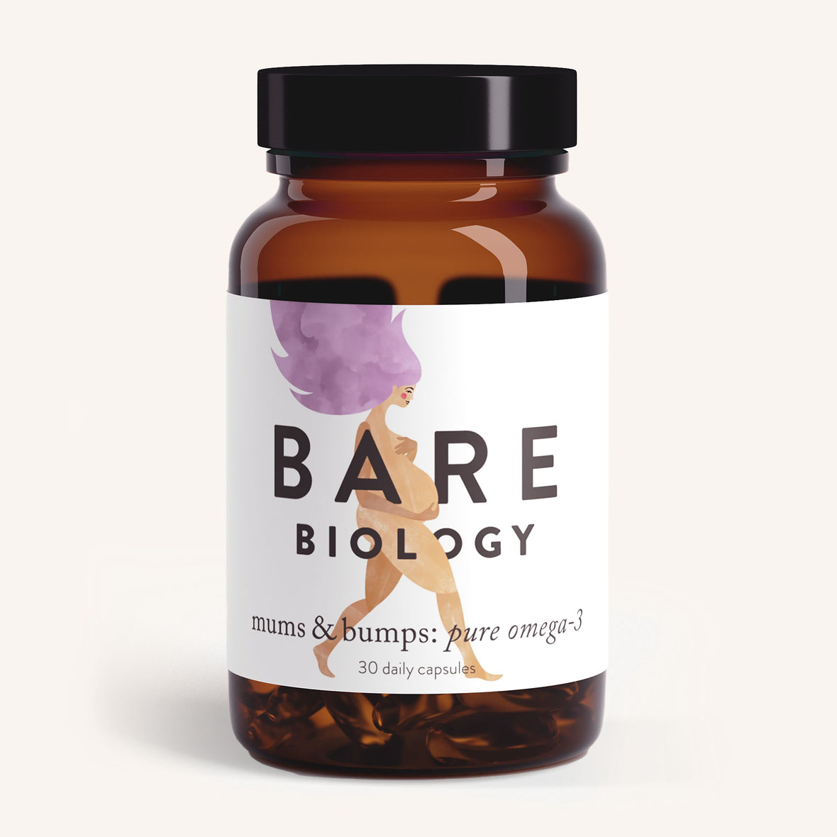 Bare Biology Mums & Bumps Omega-3 Fish Oil Capsules For Pregnancy offers DHA-rich nutrition for developing babies, featuring a label illustration of a purple-haired woman holding her pregnant stomach. The bottle includes 30 daily capsules.