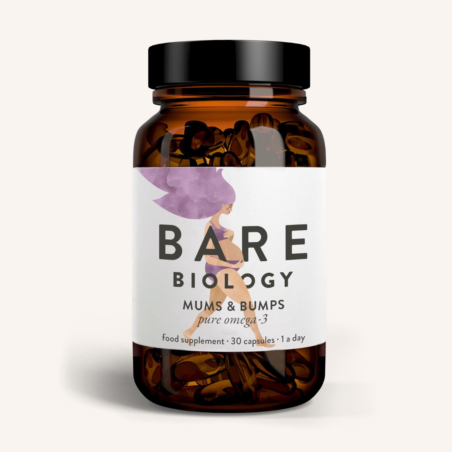 Bare Biology Mums & Bumps Omega-3 Fish Oil Capsules For Pregnancy offers DHA-rich nutrition for developing babies, featuring a label illustration of a purple-haired woman holding her pregnant stomach. The bottle includes 30 daily capsules.