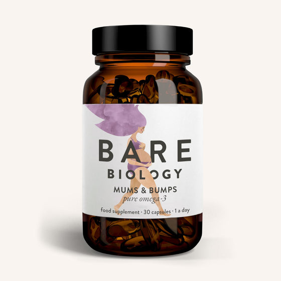 Bare Biology Mums & Bumps Omega-3 Fish Oil Capsules For Pregnancy offers DHA-rich nutrition for developing babies, featuring a label illustration of a purple-haired woman holding her pregnant stomach. The bottle includes 30 daily capsules.