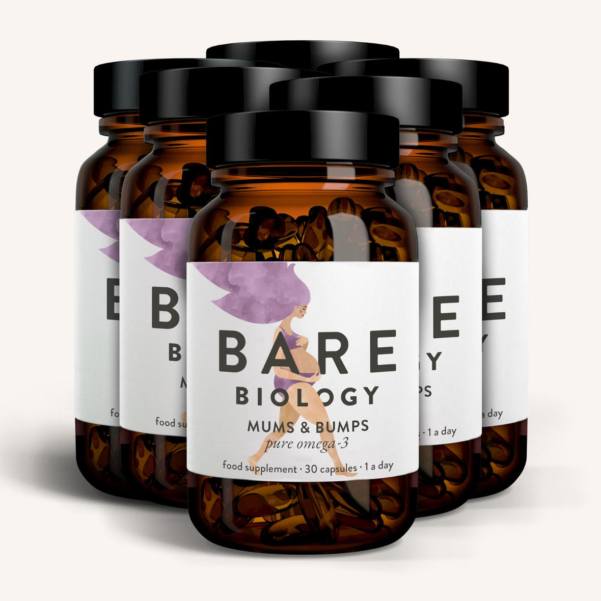 Five amber bottles with black caps labeled Bare Biology: Mums & Bumps Omega-3 Fish Oil Capsules For Pregnancy, each containing 30 DHA-rich capsules for developing babies, are arranged in a semi-circle. The label features an illustration of a woman with purple hair.