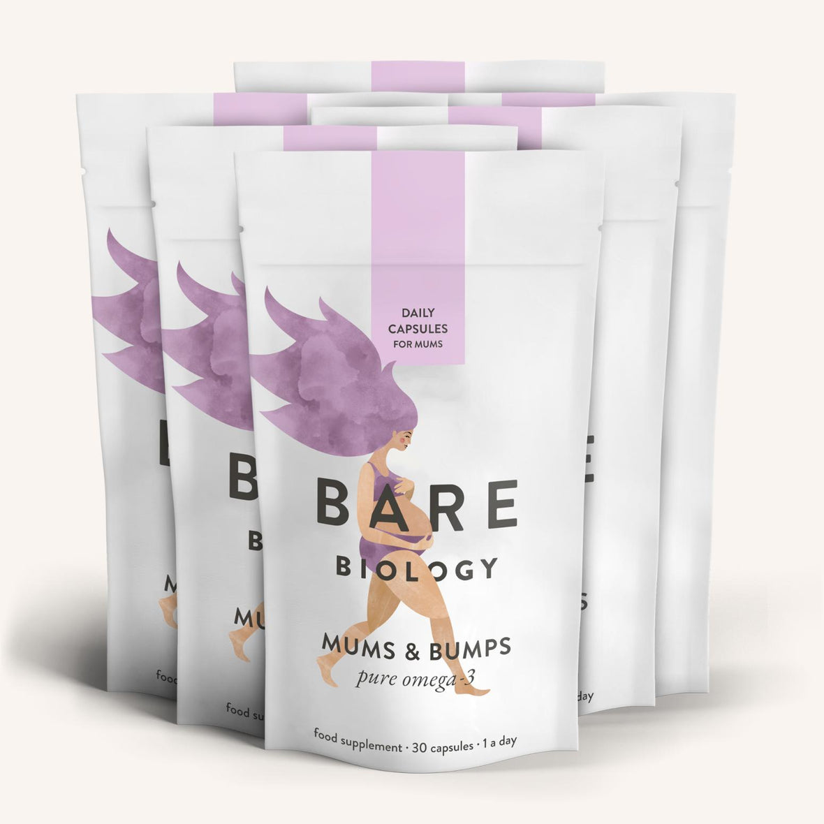 Displayed are six pouches of Bare Biology Mums & Bumps Omega-3 Fish Oil Capsules for Pregnancy, each white pouch featuring an illustrated woman with pink hair, highlighting DHA for developing babies and containing a label for daily capsules.