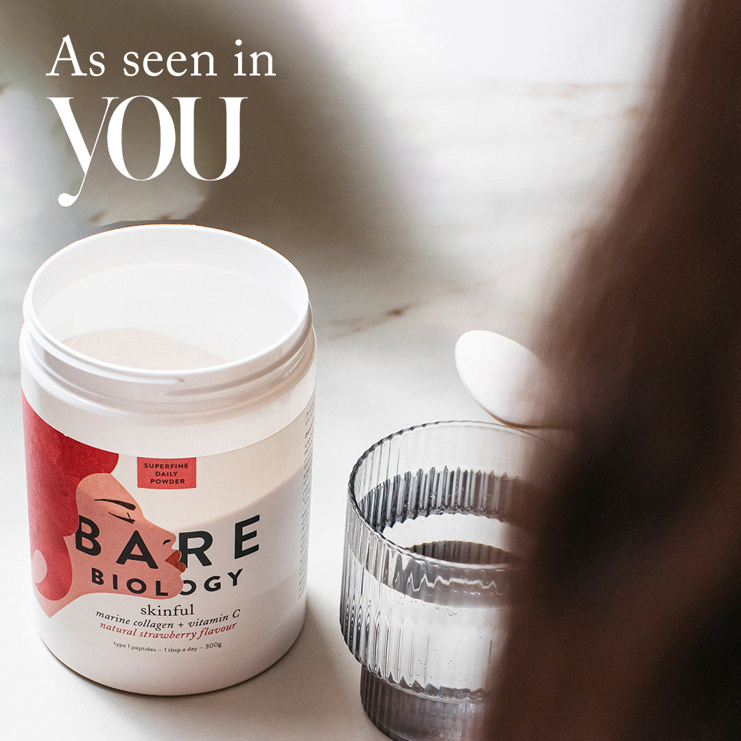 Tub of Skinful marine collagen + vitamin C and the back of lady whose about to tip a spoonful of collagen powder into a glass. Press feature, as seen in you, written in the top corner. 