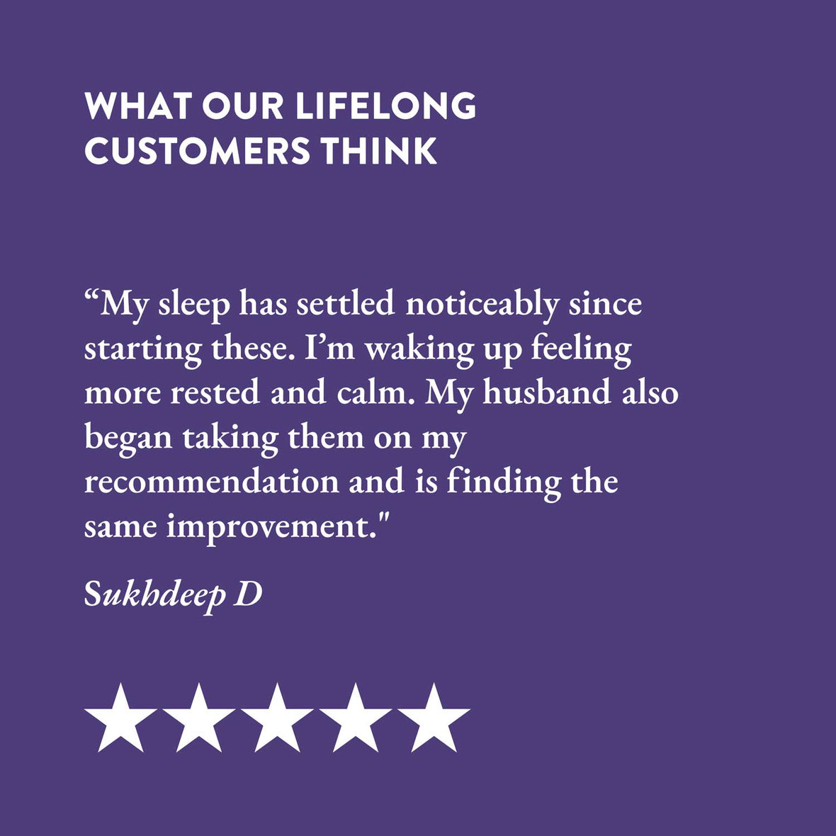 Five-star customer review on a purple background with white text about Bare Biology Magnesium Supplement.