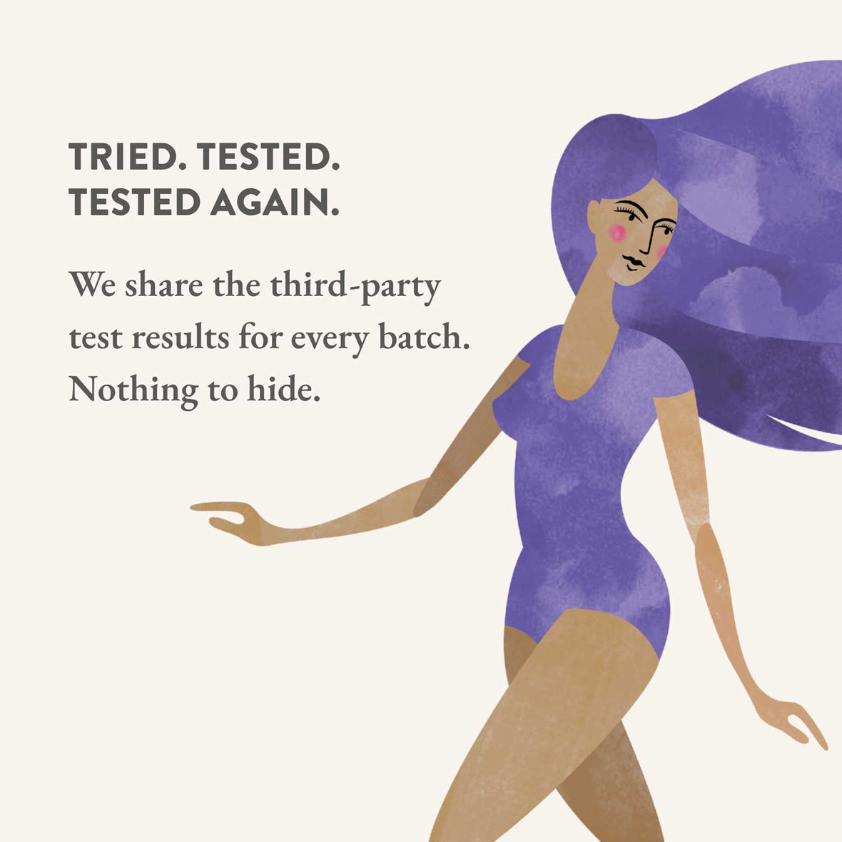Illustration of a woman in a purple bodysuit with text about third-party test results on a white background.