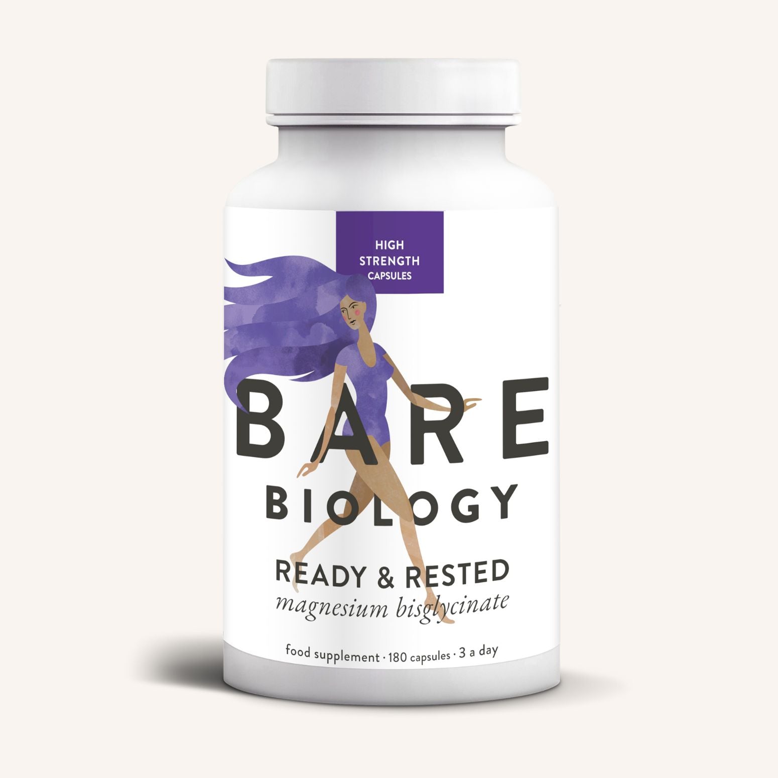 A white bottle of Bare Biology Magnesium Bisglycinate Capsules, with a purple-haired woman running on the label, offers easy absorption and nervous system support.