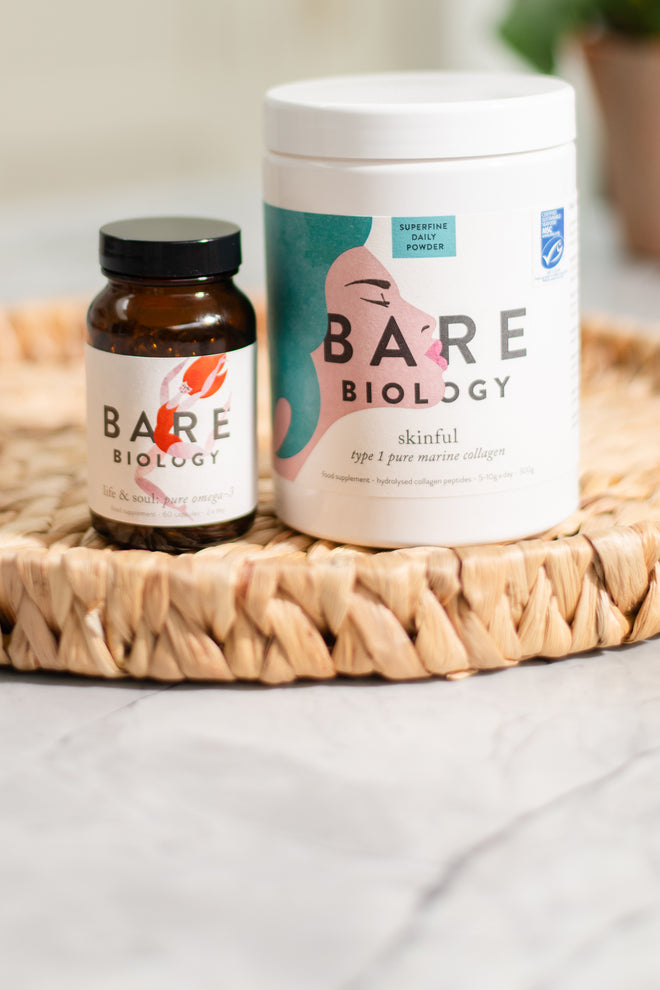 Bare Biology bestsellers daily omega 3 capsules and collagen powder on a woven mat