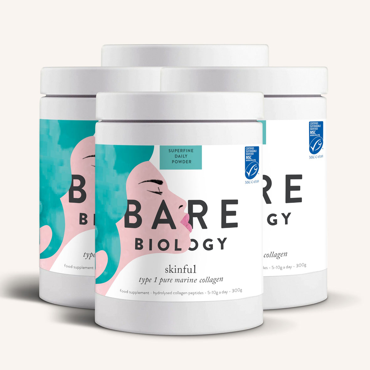 Bare Biology collagen powder containers on a white background