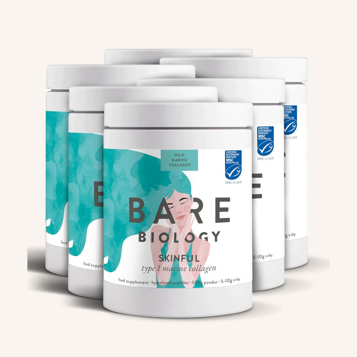 Six containers of Bare Biology Skinful Pure Marine Collagen Powder, made from wild Norwegian cod. The label showcases a bold, abstract illustration of a womans face. This MSC-certified product is type 1 pure marine collagen.