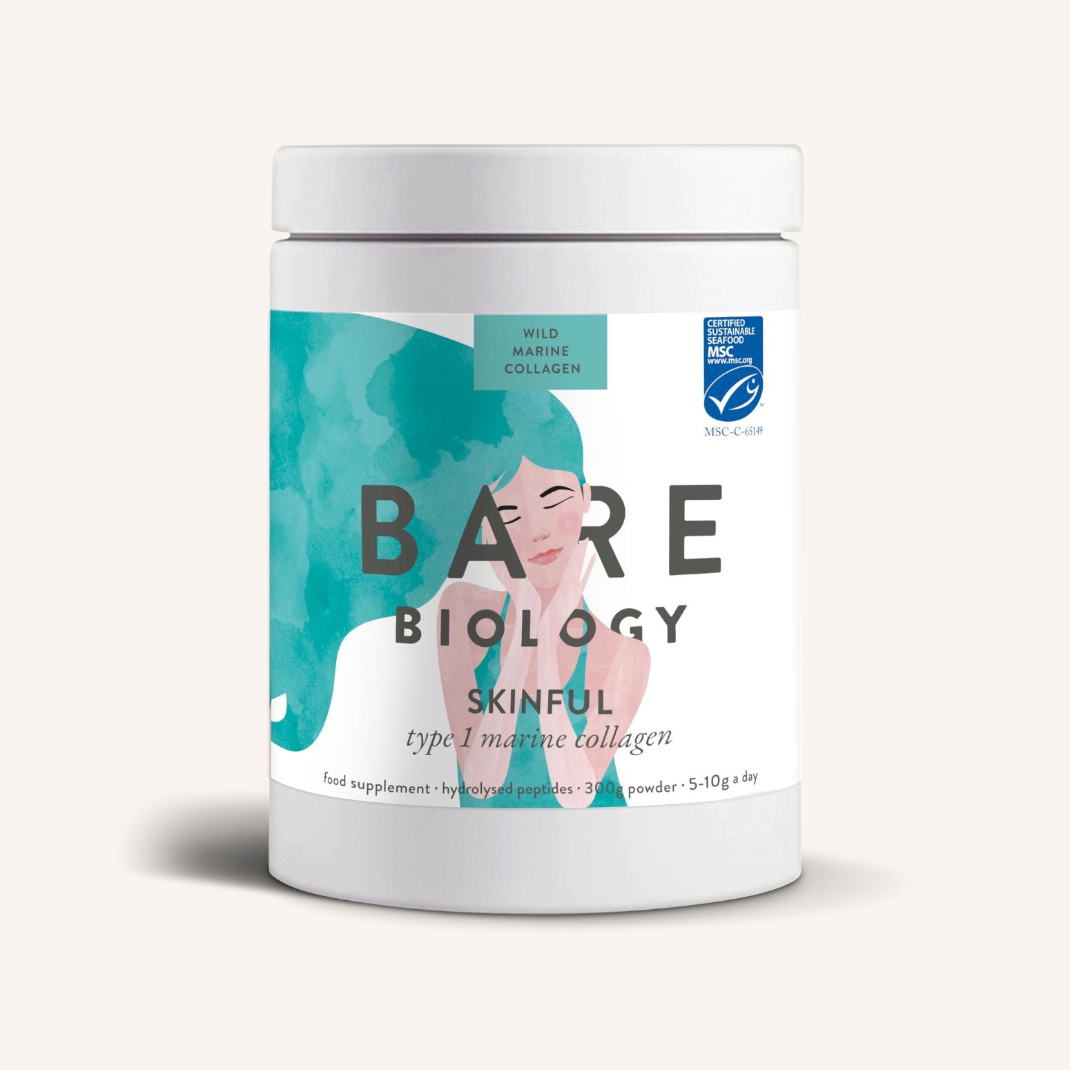 A white cylindrical container from Bare Biology, featuring an artistic face illustration and a blue certification logo, holds Skinful Pure Marine Collagen Powder, sustainably sourced from Norwegian cod.