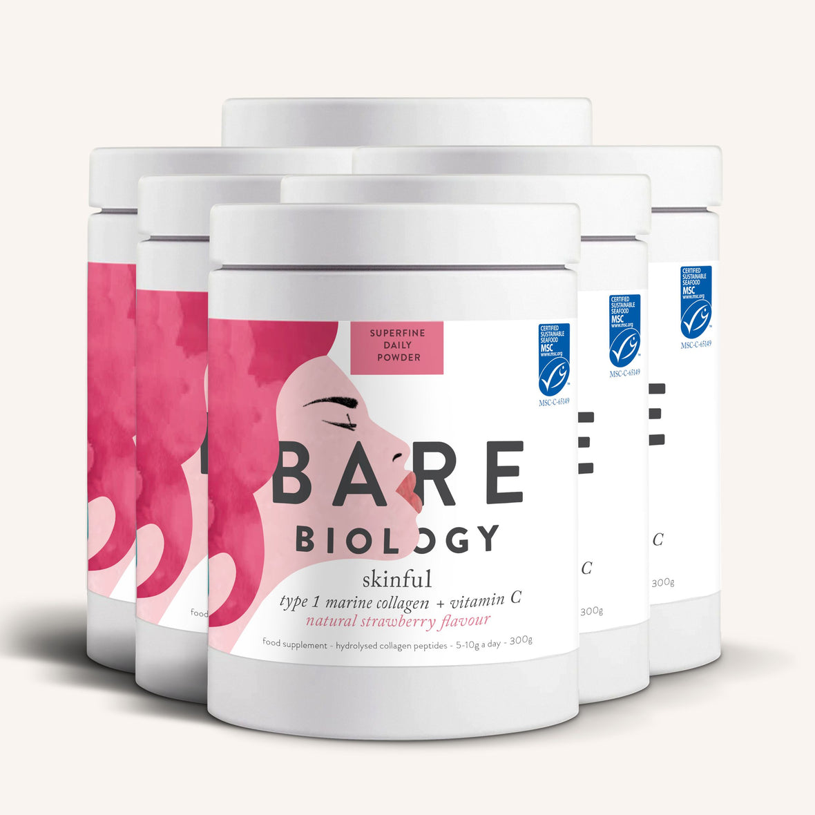 Six containers of Bare Biology Marine Collagen With Vitamin C: Strawberry Flavour displayed, showcasing a stylised pink face on the label. The text highlights sustainably sourced type 1 marine collagen with added vitamin C.