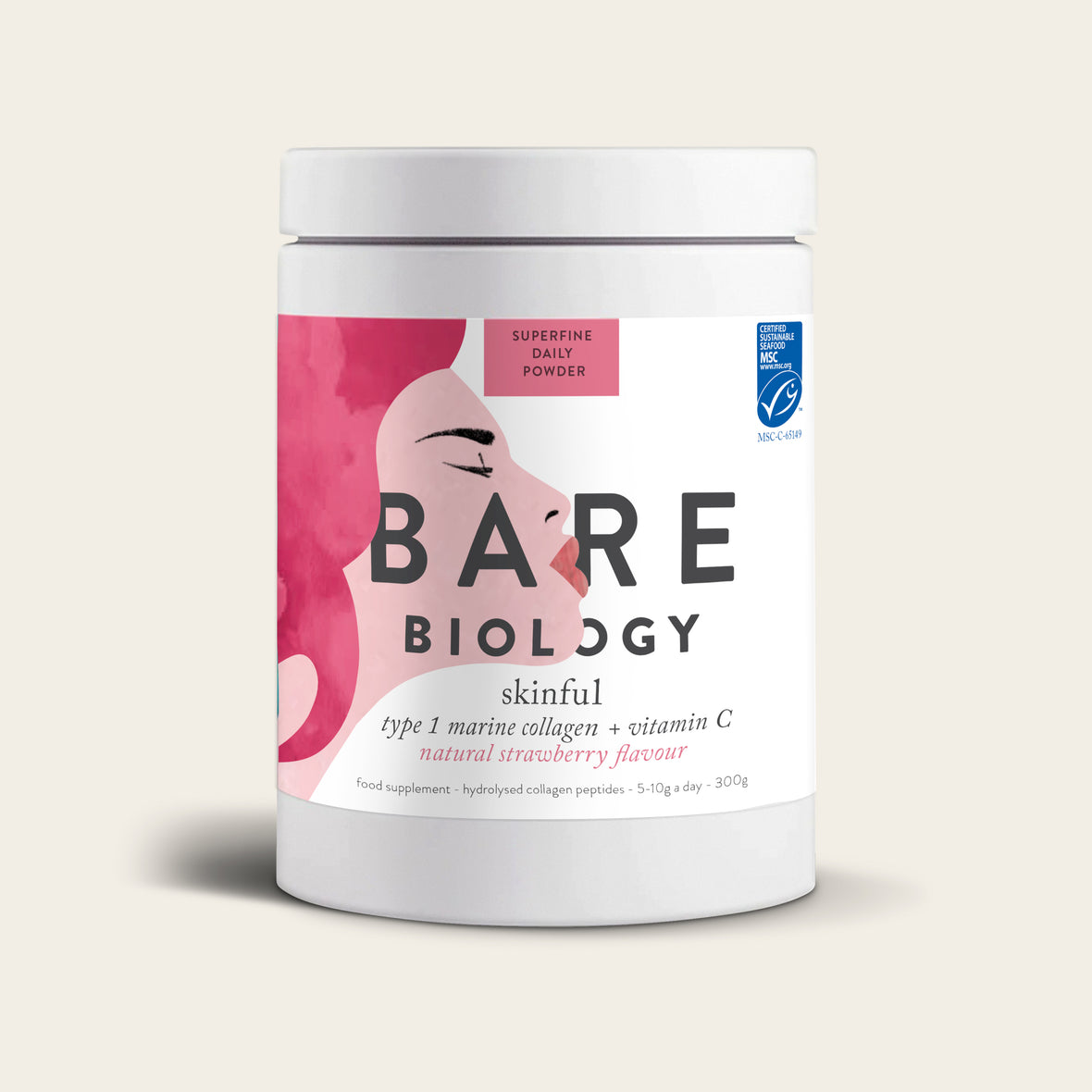 A jar of Bare Biologys Marine Collagen With Vitamin C: Strawberry Flavour features an artistic profile of a woman. MSC certified, it contains type 1 marine collagen powder and vitamin C for enhanced wellness.