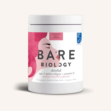 A tub of Bare Biologys Marine Collagen With Vitamin C: Strawberry Flavour features an artistic profile of a woman. MSC certified, it contains type 1 marine collagen powder and vitamin C for enhanced wellness.
