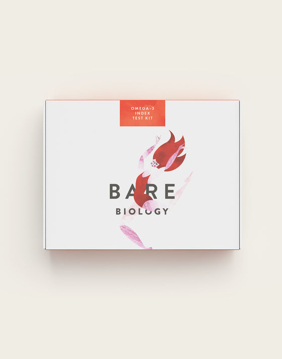 The image shows a Bare Biology Omega-3 Index Test Kit box, representing health and longevity. The white box displays the brand name and logo in black, with a pink and red fish design. An orange section at the top highlights the product name in white text.