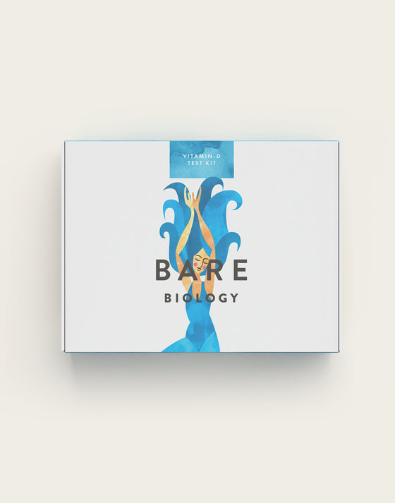 The white Bare Biology Vitamin D Test Kit package features a blue abstract wave and fish design, providing a modern, minimalist way to identify vitamin D deficiency for health-conscious individuals.