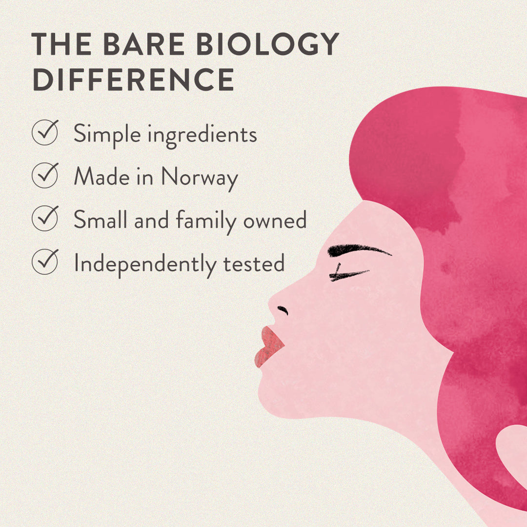 An illustration of a lady with pink hair, kissing the air. The Bare Biology difference checklist is written on the left: Simple ingredients, made in Norway, small and family owned, independently tested. 