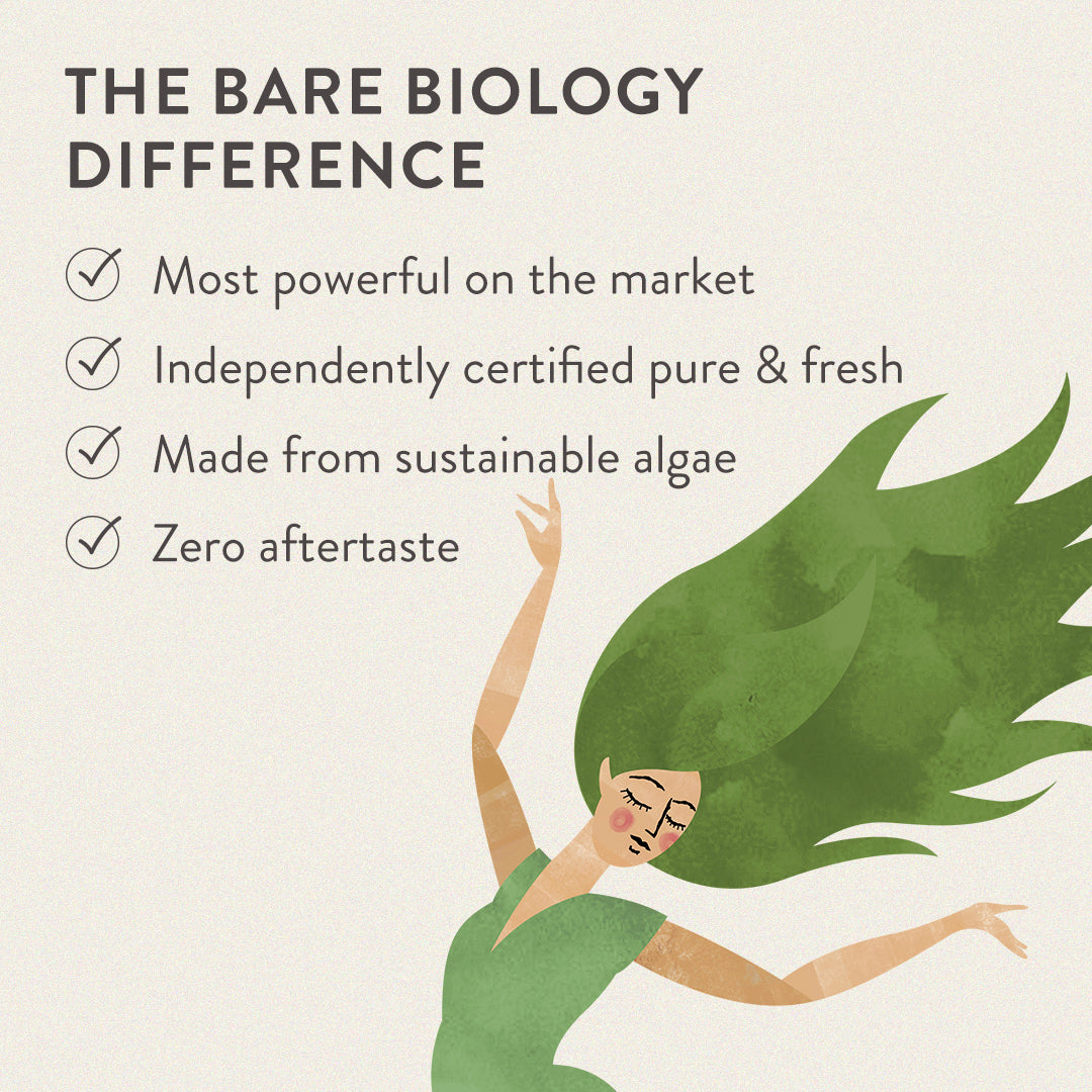 illustration of a dancing lady with green  hair underneath a bare biology difference checklist: most powerful on the market, independently certified pure & fresh, made from sustainable algae, zero aftertaste. 