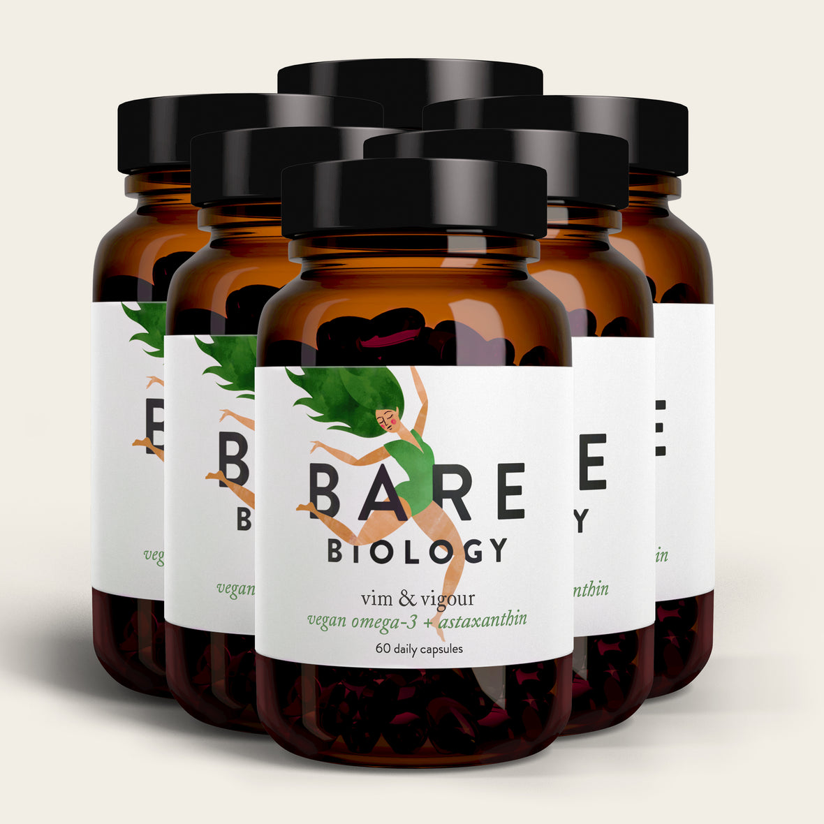 Five brown glass bottles labeled Bare Biology, each with the product name Vim & Vigour Vegan Omega-3 & Astaxanthin Capsules, in sustainable algae form, featuring 60 vegan capsules. The label includes an illustration of a person holding a leaf.