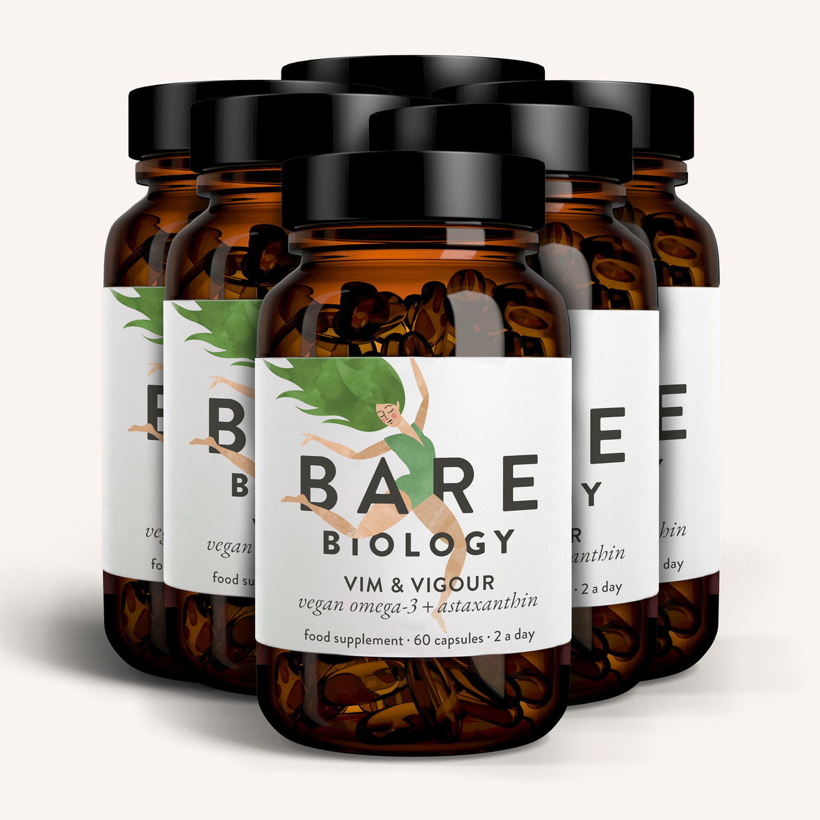 Six brown glass bottles labeled Bare Biology, each with the product name Vim & Vigour Vegan Omega-3 & Astaxanthin Capsules, in sustainable algae form, featuring 60 vegan capsules. The label includes an illustration of a person holding a leaf.