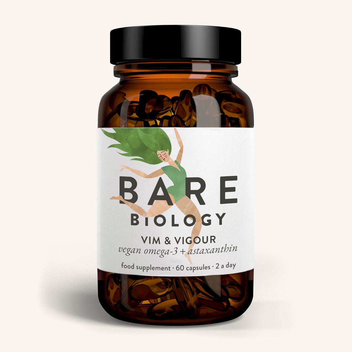A glass jar of Bare Biology Vim & Vigour Vegan Omega-3 & Astaxanthin capsules features a black lid, an illustration of a person jumping, and text stating 60 daily capsules, emphasizing its sustainable algae origins.