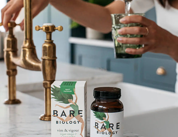 bare biology vim and vigour vegan omega 3 capsule pot on kitchen side