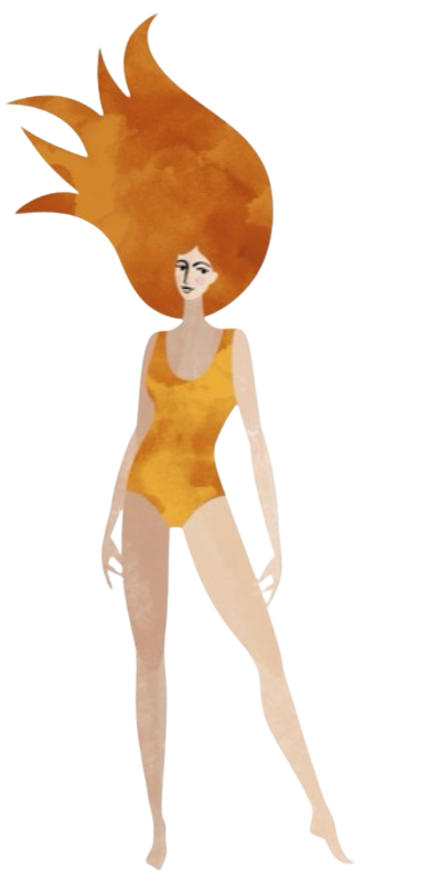 Illustration of a woman in an orange swimsuit with fiery hair on a white background